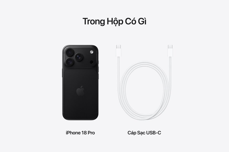 iPhone 18 Pro màu Đen và cáp sạc USB-C trong hộp